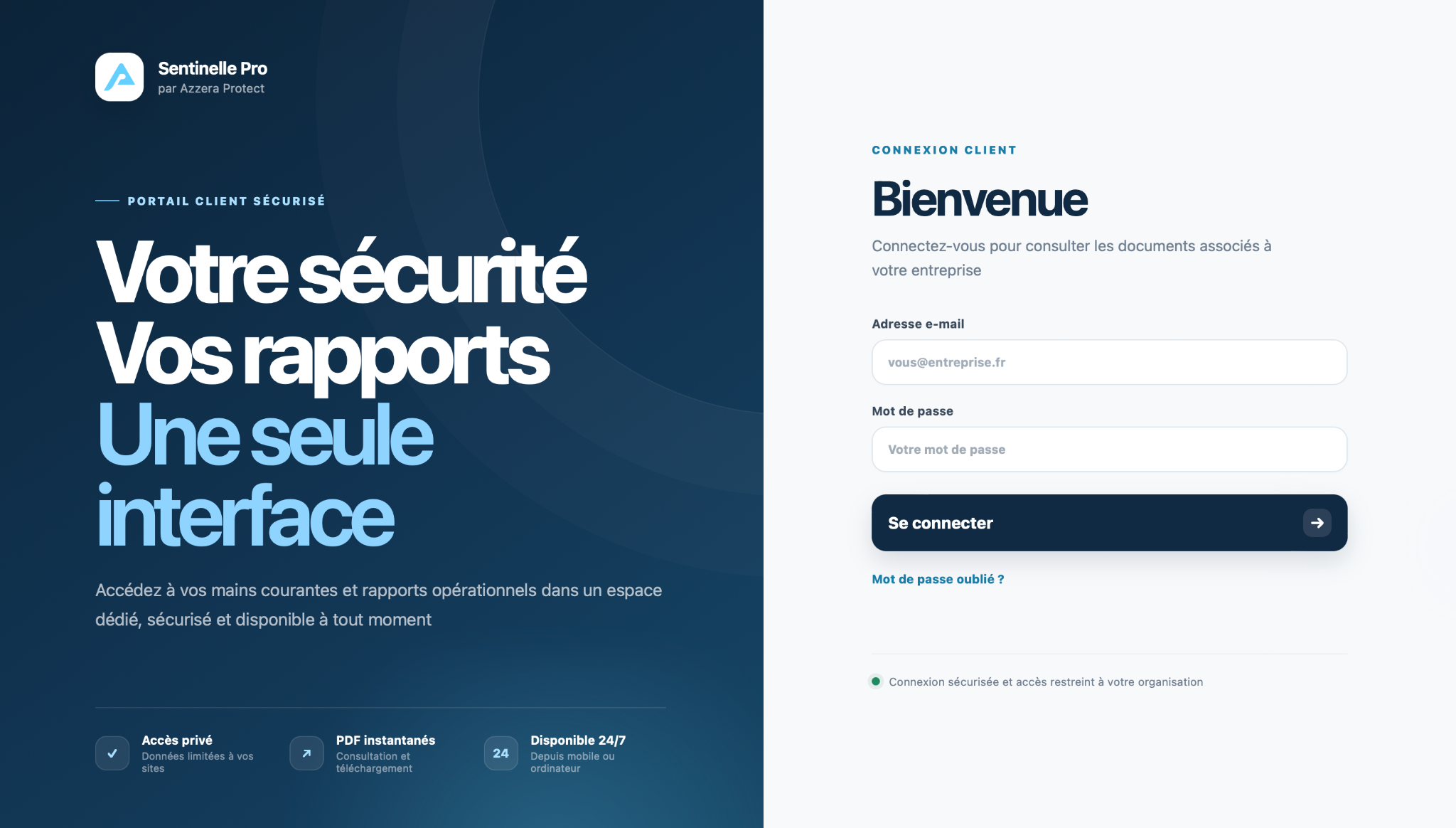 Interface de connexion du portail client Sentinelle Pro