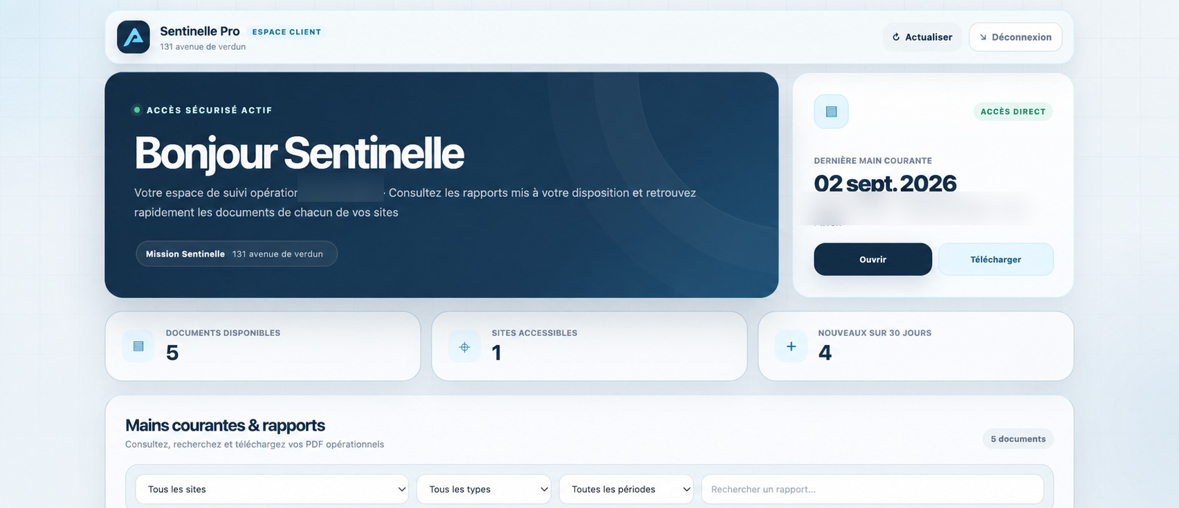 Aperçu anonymisé de l’espace client Sentinelle Pro avec documents et rapports